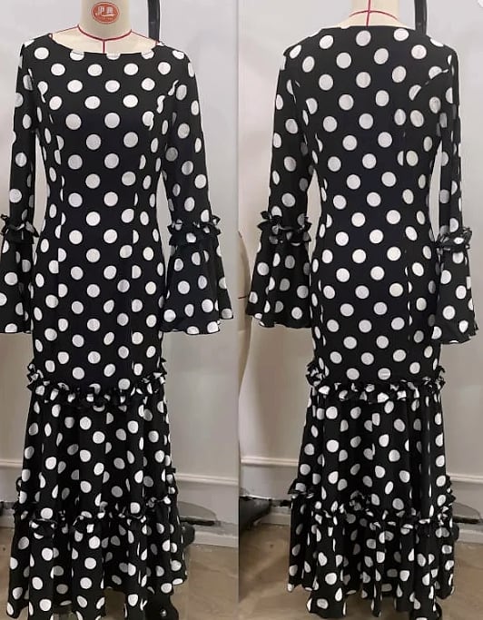 Polka Dot Trumpet Sleeve Evening Dress with Fishtail Hem