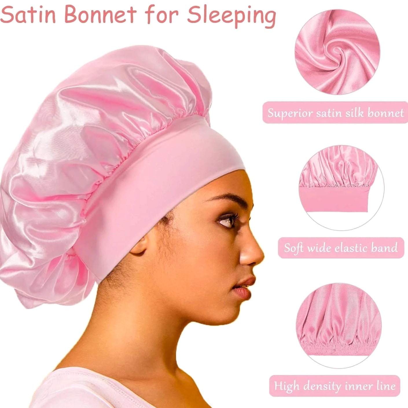 Women Satin Bonnet Night Sleep Cap, Silk Head Cover with Wide Elastic Band Hair Hat
