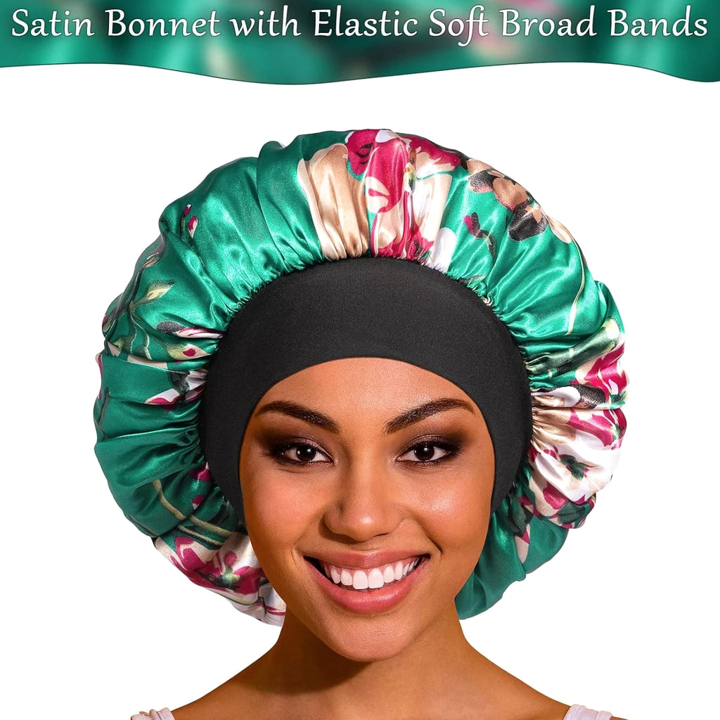Satin Bonnet Hair Cap for Sleeping- 4 Pack Large Silk Bonnets for Women, Elastic Soft Band