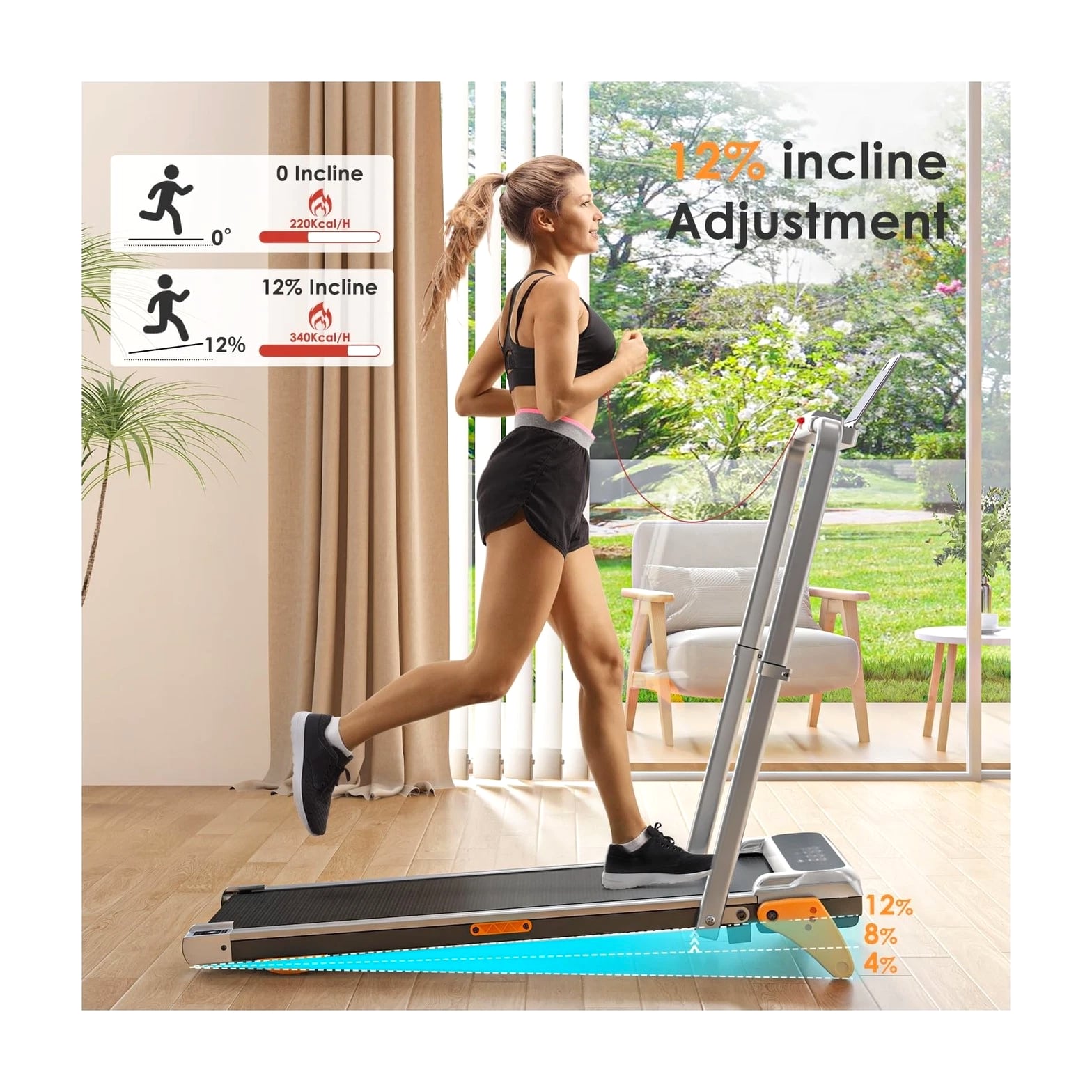 Walking Pad with Incline - Portable Treadmill with Handle Bar for Home Office U...