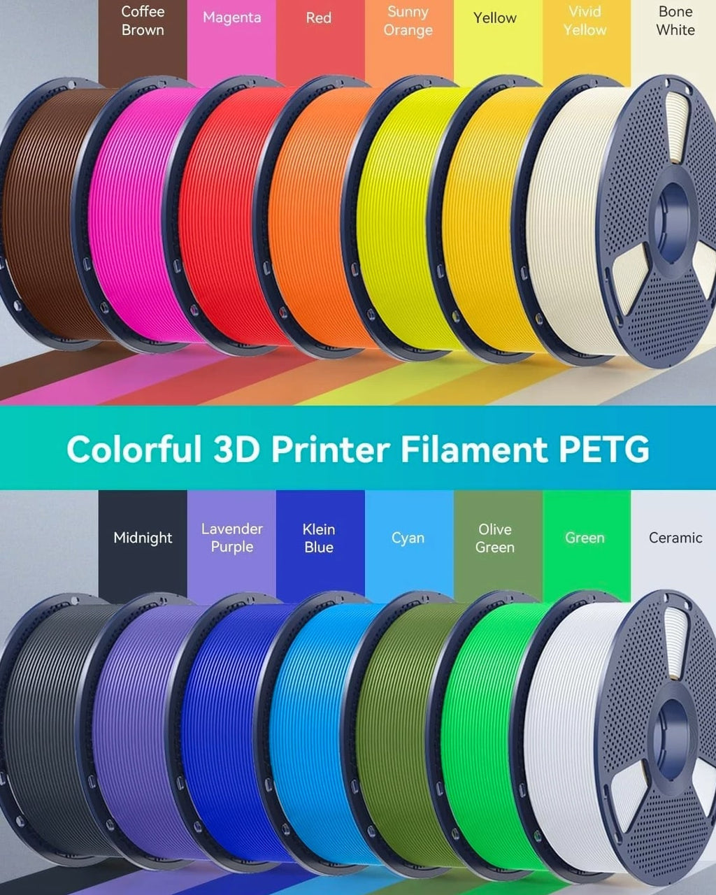 8-Pack Vacuum-Sealed Multicolor PETG Filament 1.75mm - 2kg for Reliable Printing
