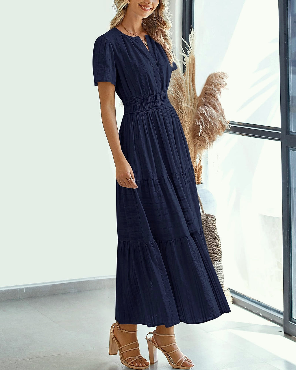 BTFBM Women's Casual Midi Maxi Dress Short Sleeve V Neck