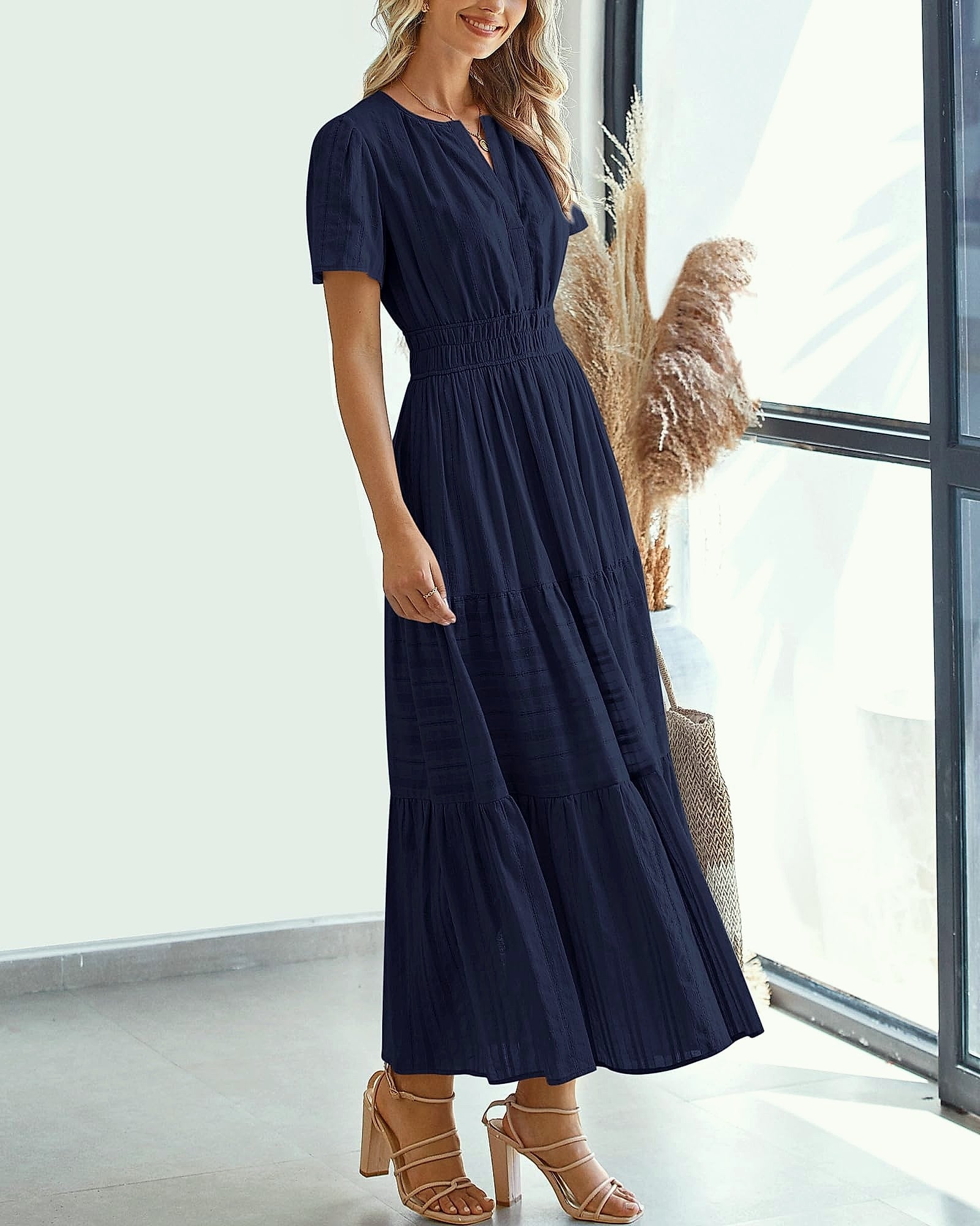 BTFBM Women's Casual Midi Maxi Dress Short Sleeve V Neck