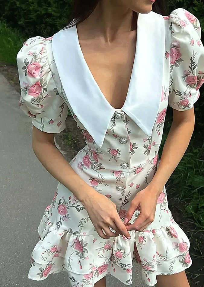 btuce Floral Printed A-line Dress with Puff Sleeves