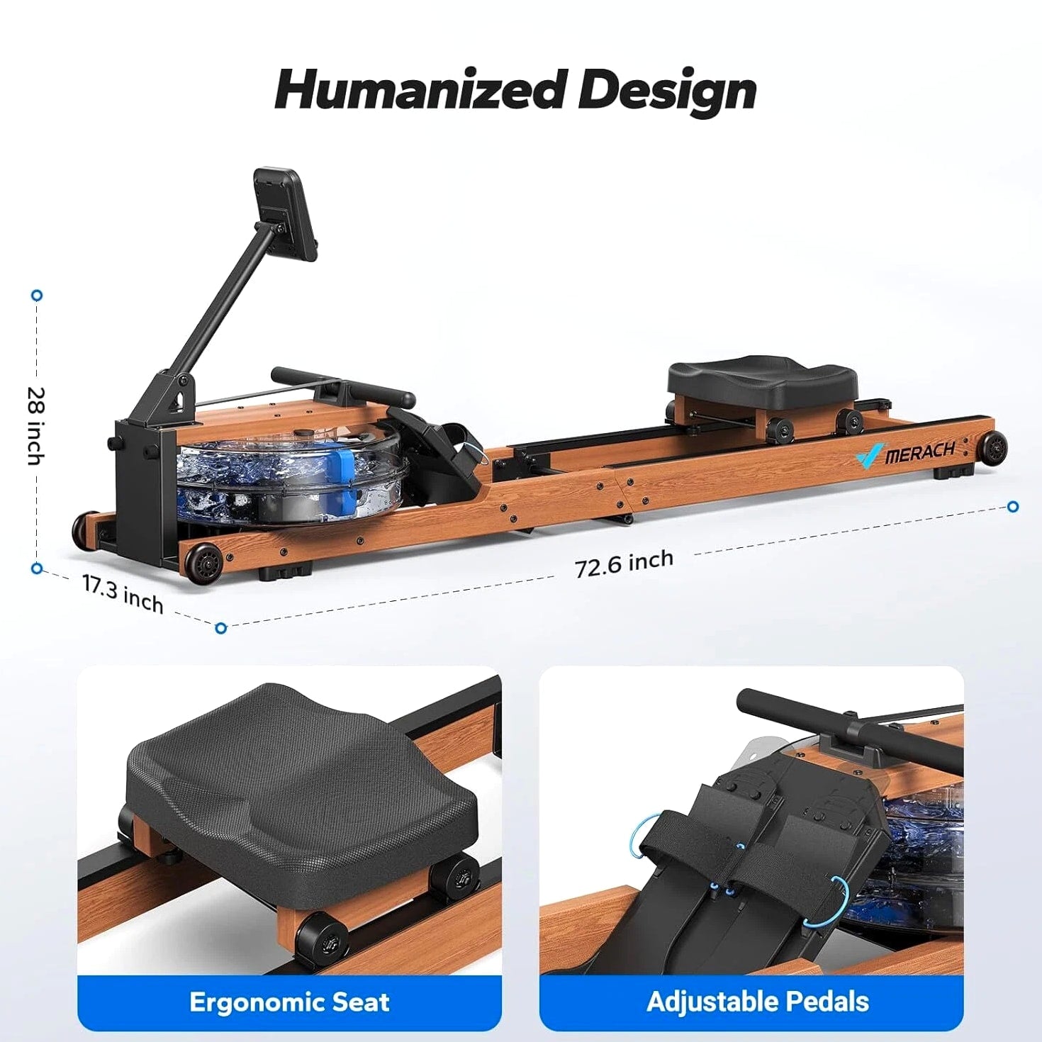 MERACH R28 Foldable Water Rowing Machines for Home Gym with 400LB Weight Wood