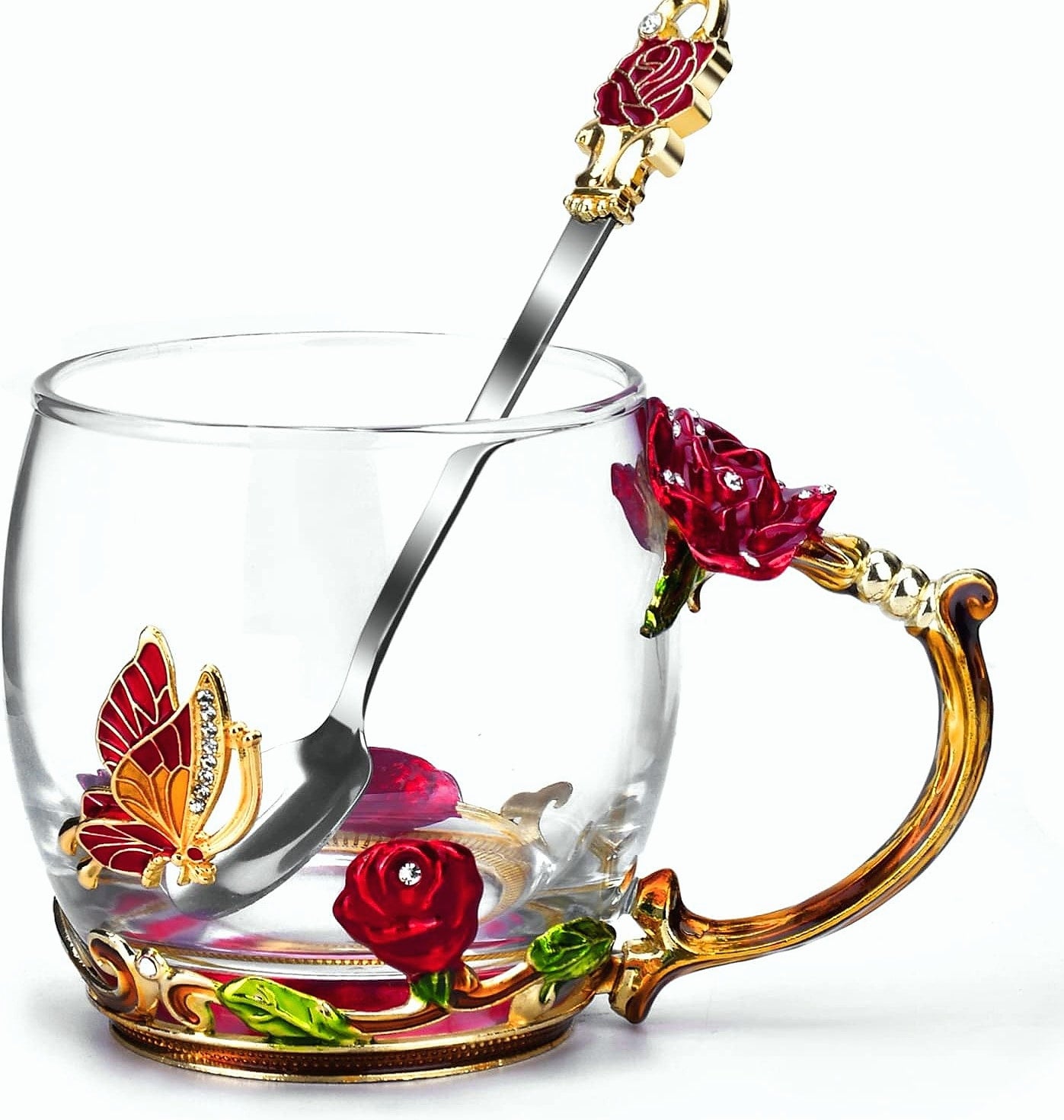 OEAGO Enamel Glass Coffee Mug with Butterfly and Rose Design