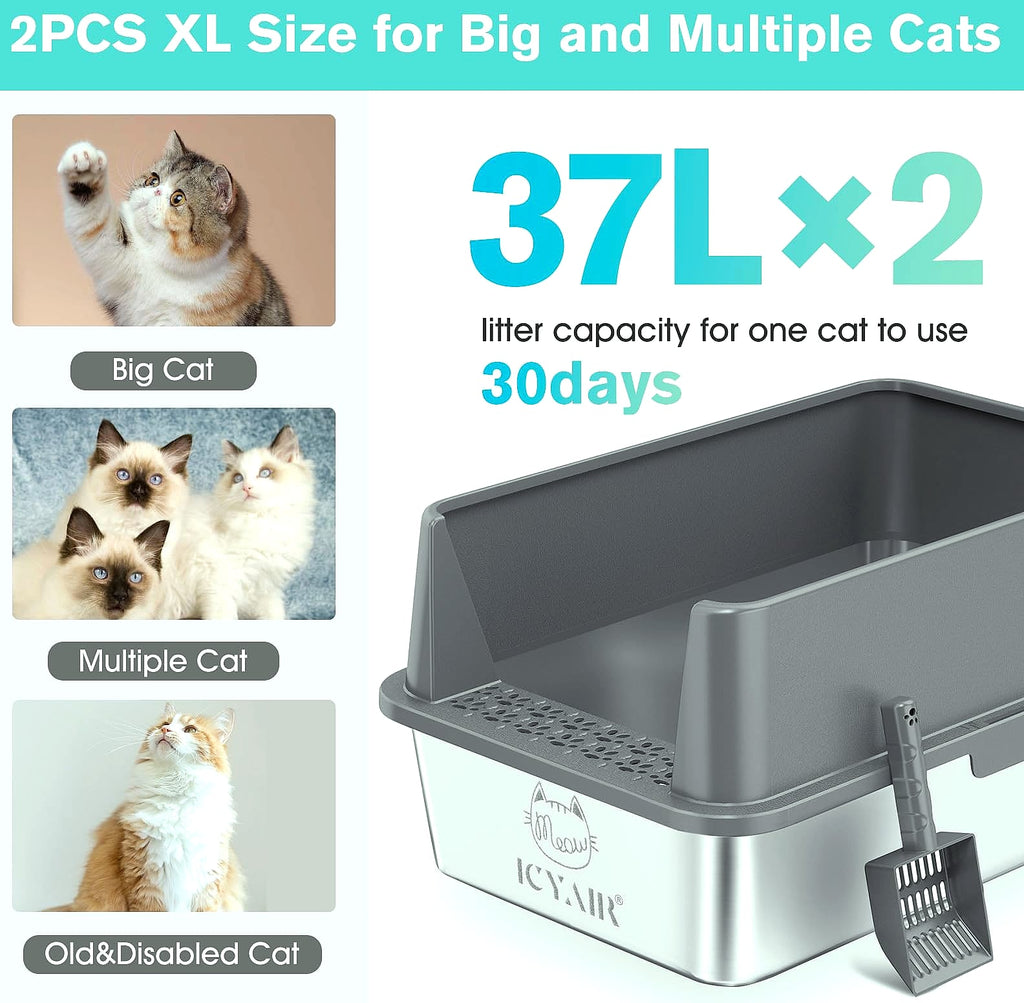ICYAIR Stainless Steel Cat Litter Box 2-Pack, Extra Large
