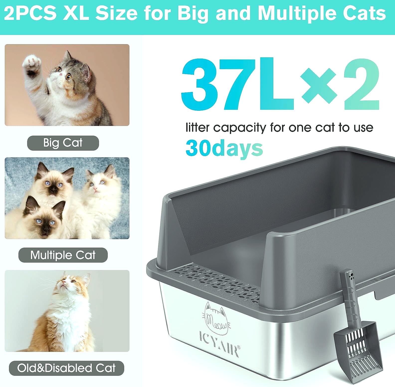 ICYAIR Stainless Steel Cat Litter Box 2-Pack, Extra Large