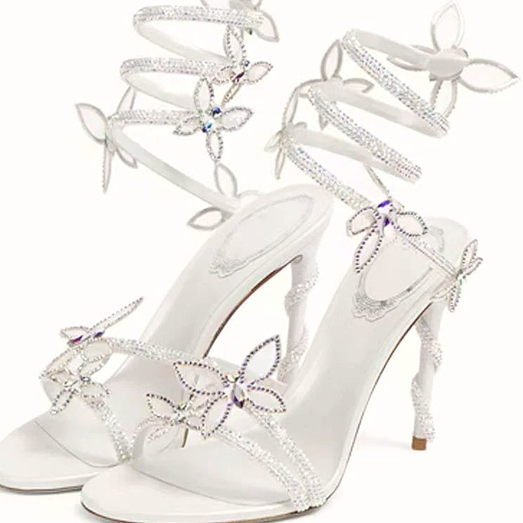 Crystal Flower Ankle Strap Sandals with Thin High Heels