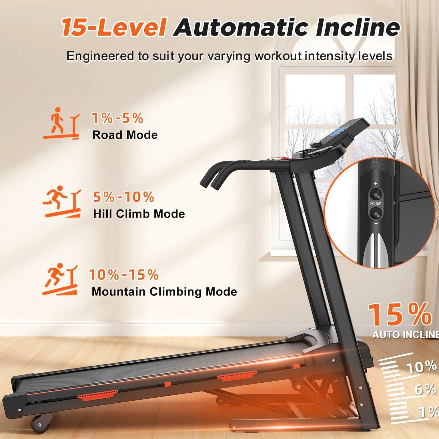 15% Auto Incline Fitness Treadmill 3.25HP High Load Capacity Home Exercise Machine