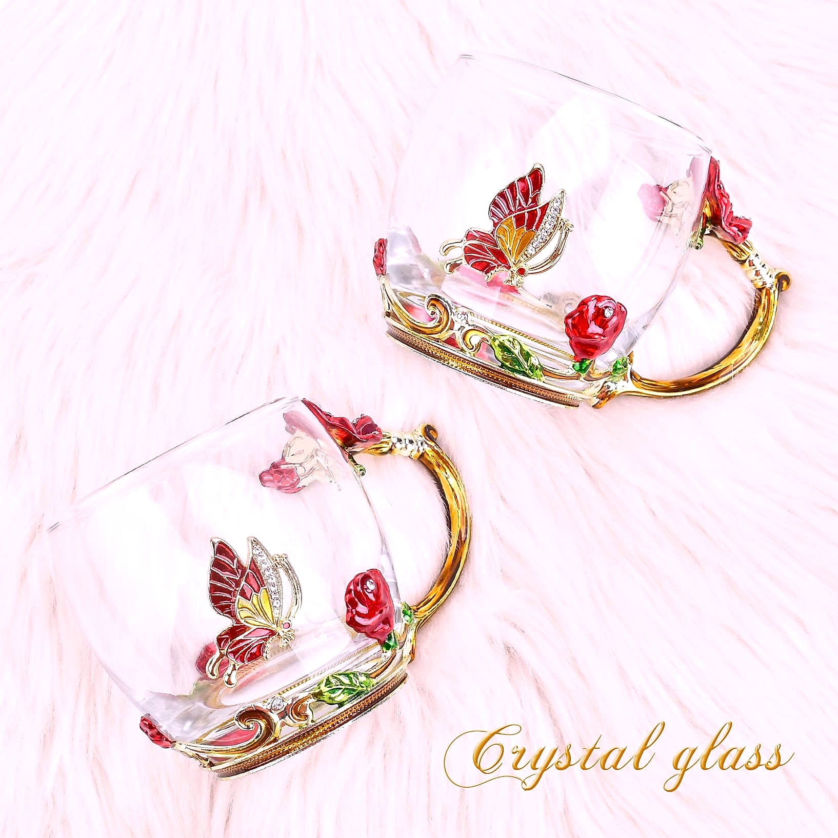 OEAGO Enamel Glass Coffee Mug with Butterfly and Rose Design