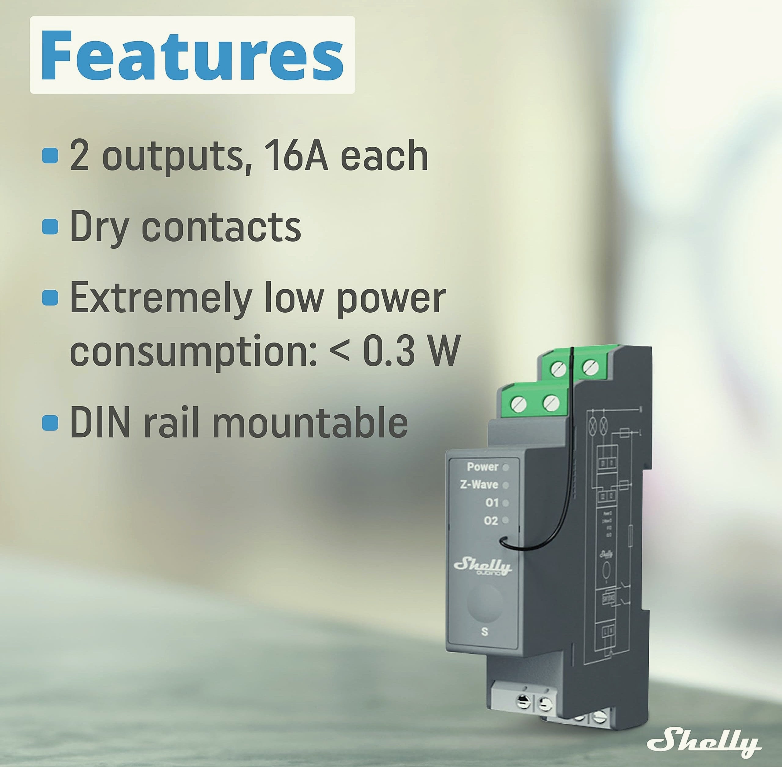 Shelly Wave Pro 2 Z-Wave Smart Relay Switch DIN Rail Mount