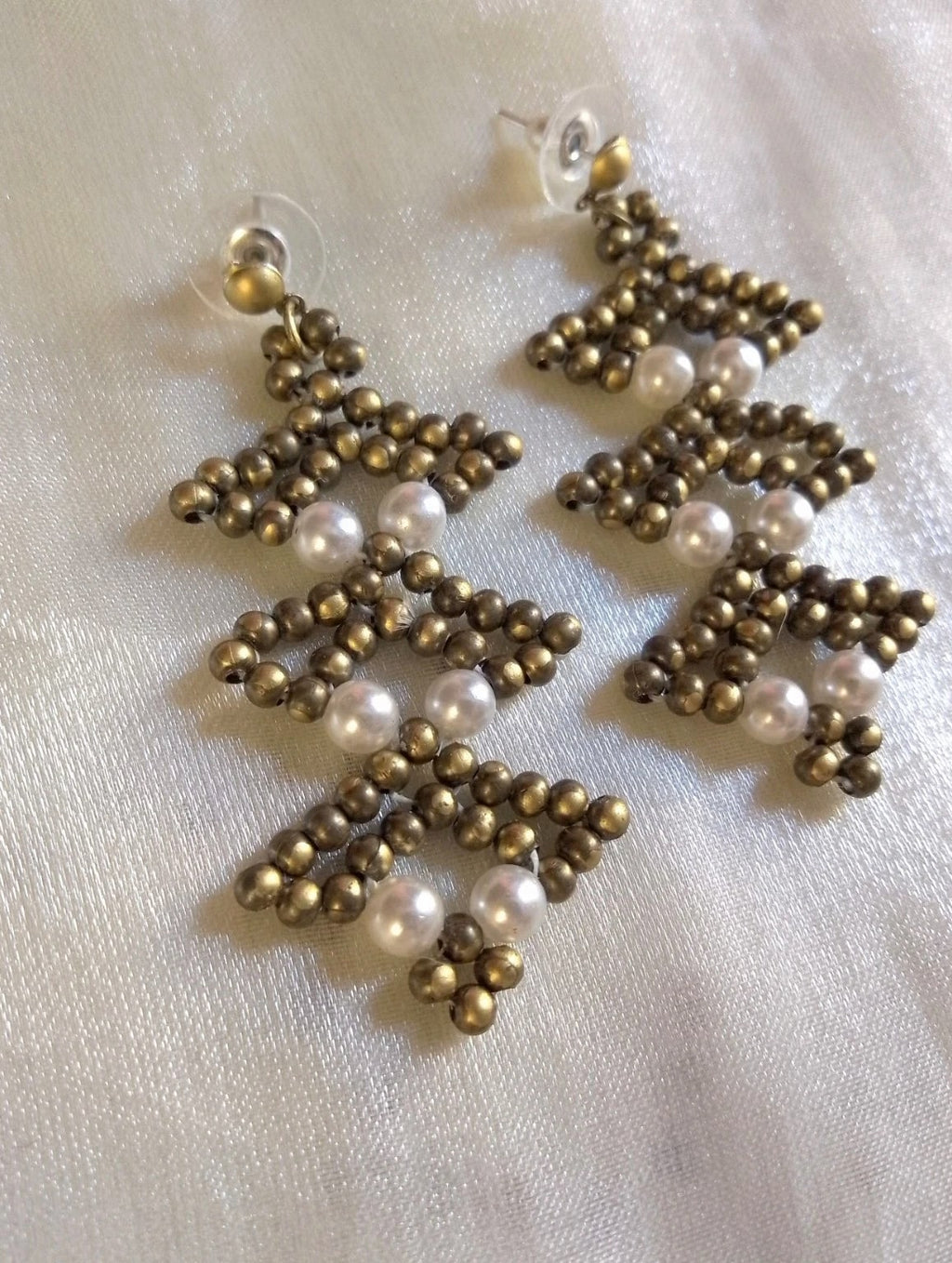 Vintage Brass Pearl Touch Class Earrings Craft Necklace Jewelry Set