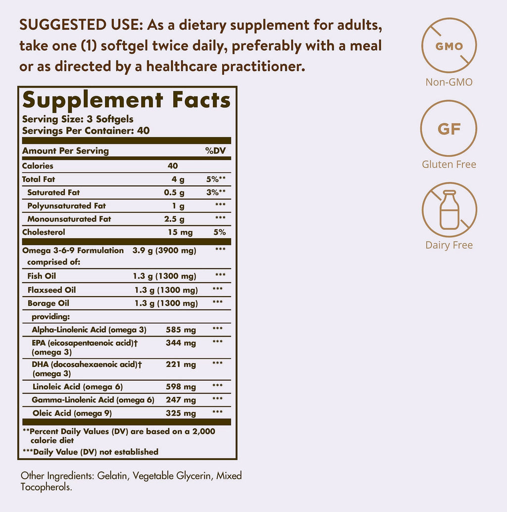 Solgar Omega 3-6-9 1300 mg Fish Oil Softgels, 120 Count