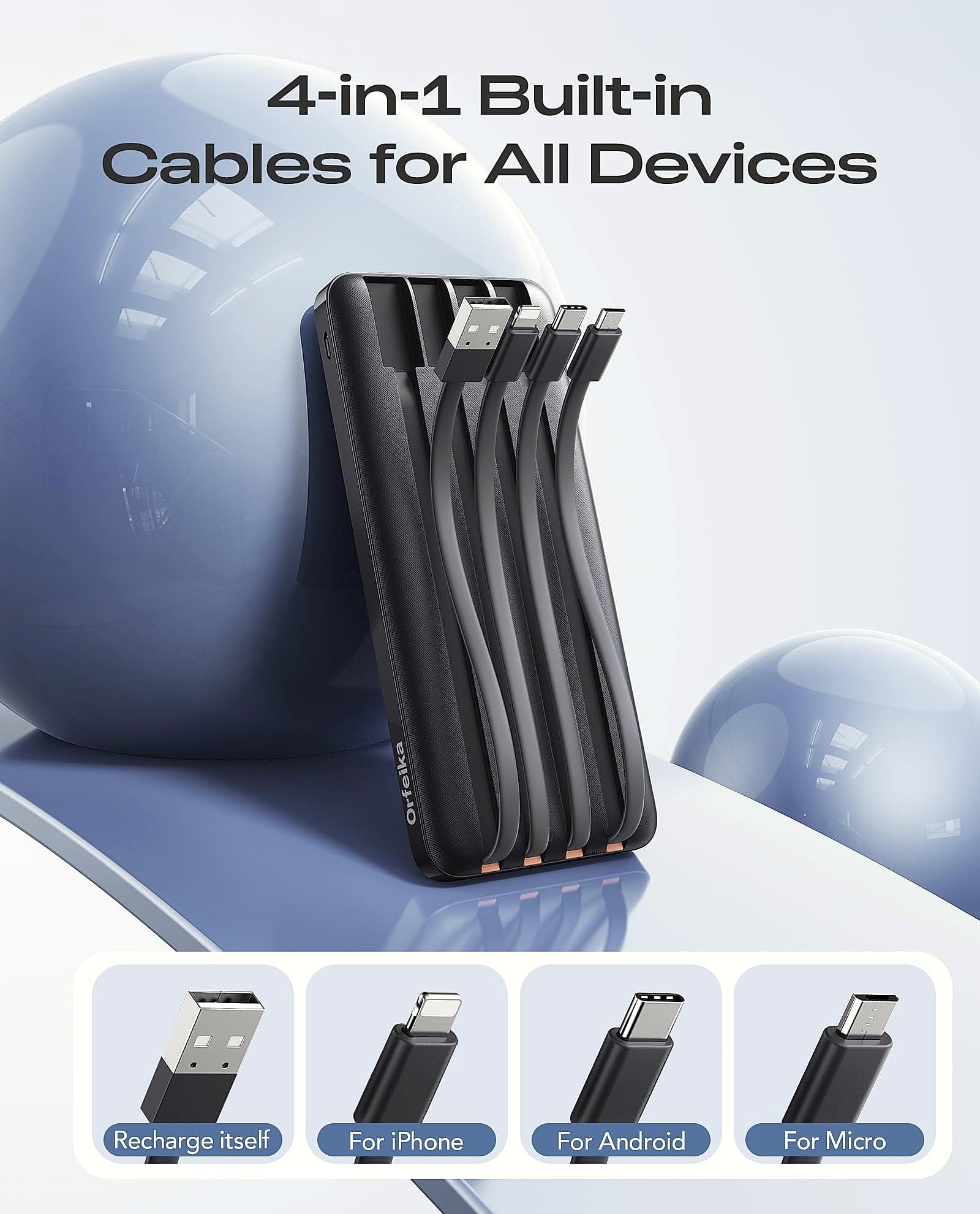 Orfeika 20000mAh Power Bank with 4 Built-in Cables