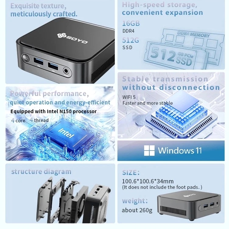 SOYO M4 PLUS2 Mini PC with Intel N150 16GB RAM 512GB SSD Windows 11 Pro