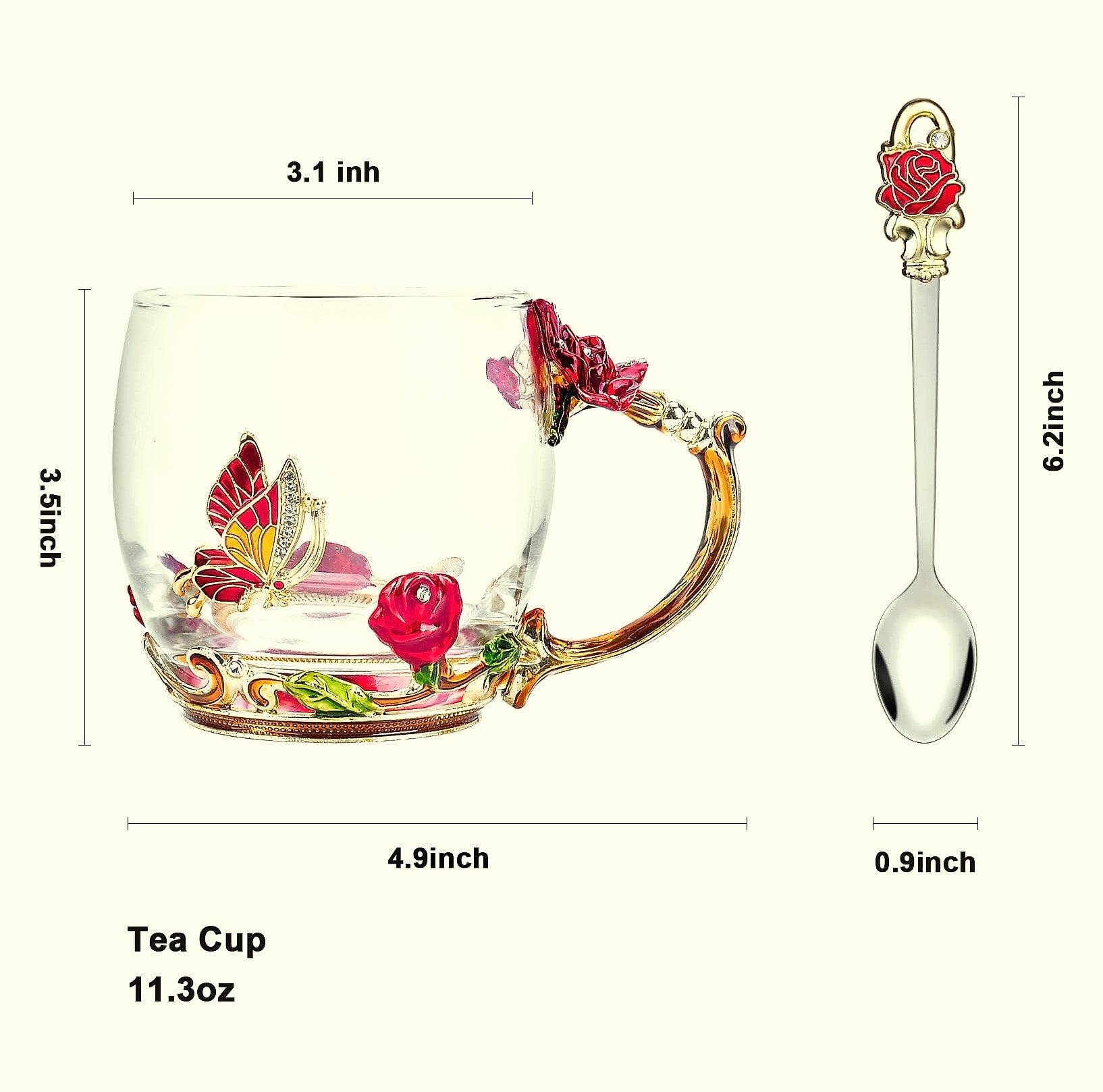 OEAGO Enamel Glass Coffee Mug with Butterfly and Rose Design