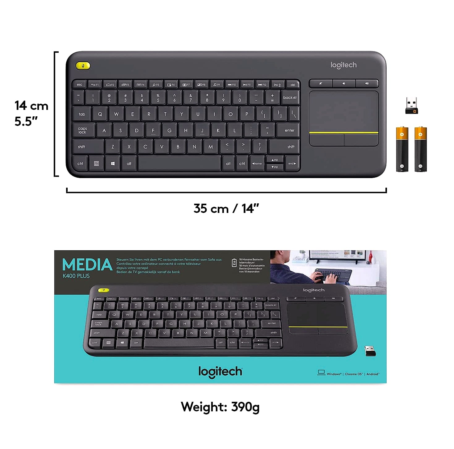 Logitech K400 Plus Wireless Touch TV Keyboard with Easy Media Control and Built-in Touchpad, HTPC Keyboard for PC-Connected TV, Windows, Android, ChromeOS, Laptop, Tablet - Black
