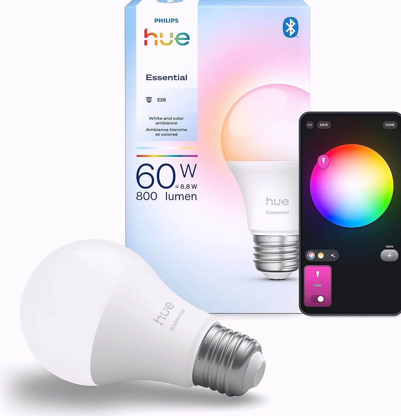 Philips Hue Essential A19 Smart LED Bulb, Color and White