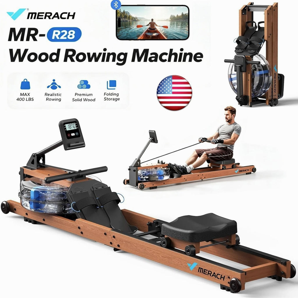 MERACH R28 Foldable Water Rowing Machines for Home Gym with 400LB Weight Wood