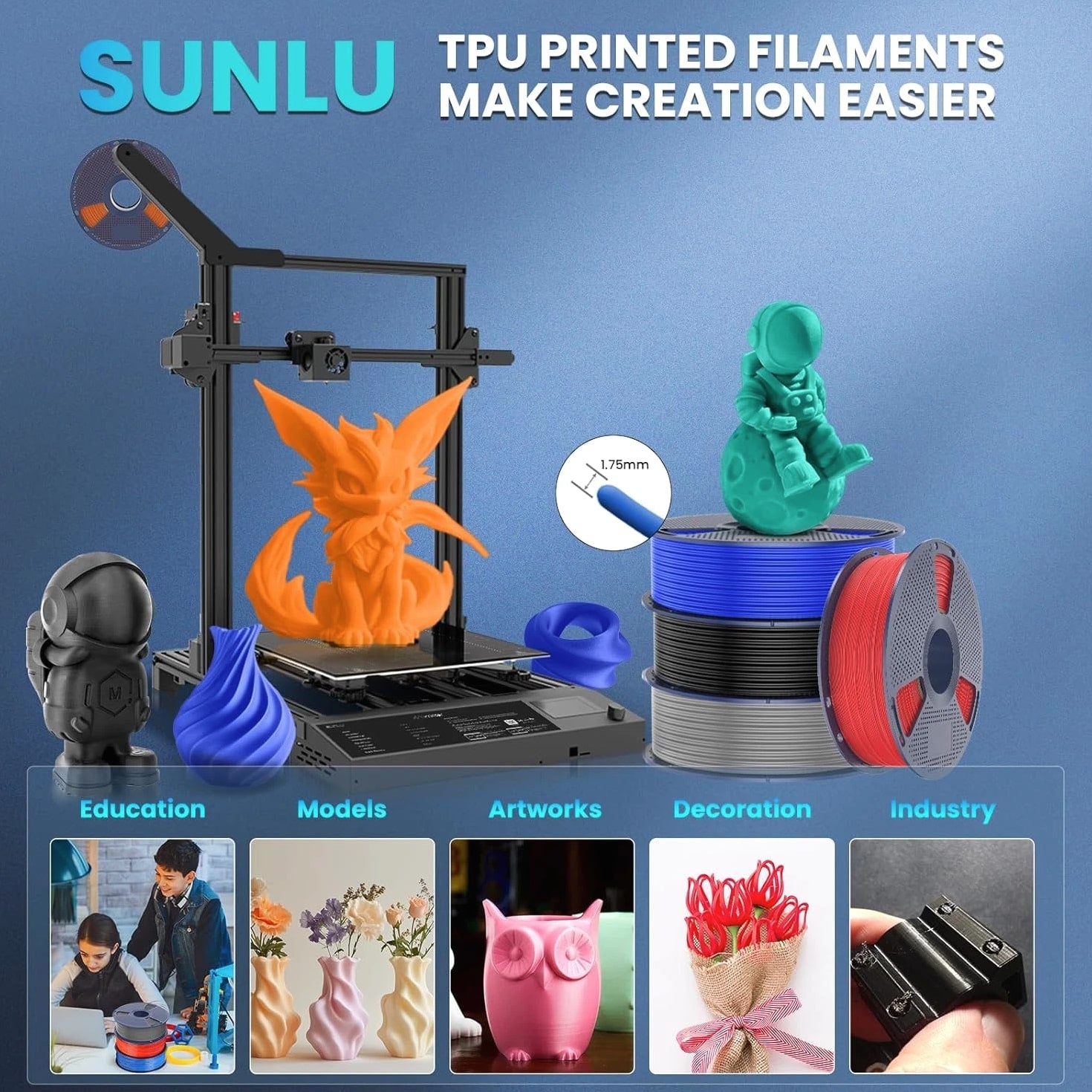 TPU 3D Printer Filament 1.75mm, High Speed 95A TPU Filament, 1KG Flexible 3D Fil