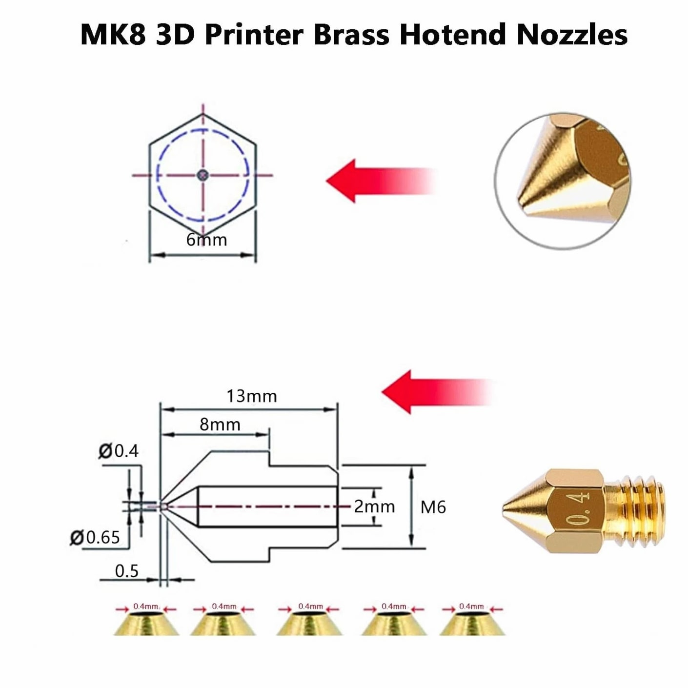 25 PCS Ender 3 V2 Nozzles, 3D Printer Extruder Hardened Steel Nozzle 0.4mm