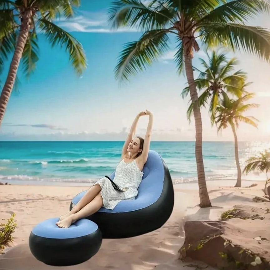 Plush Adult Inflatable Lounge Chair with Ottoman - Portable Cozy Air Sofa
