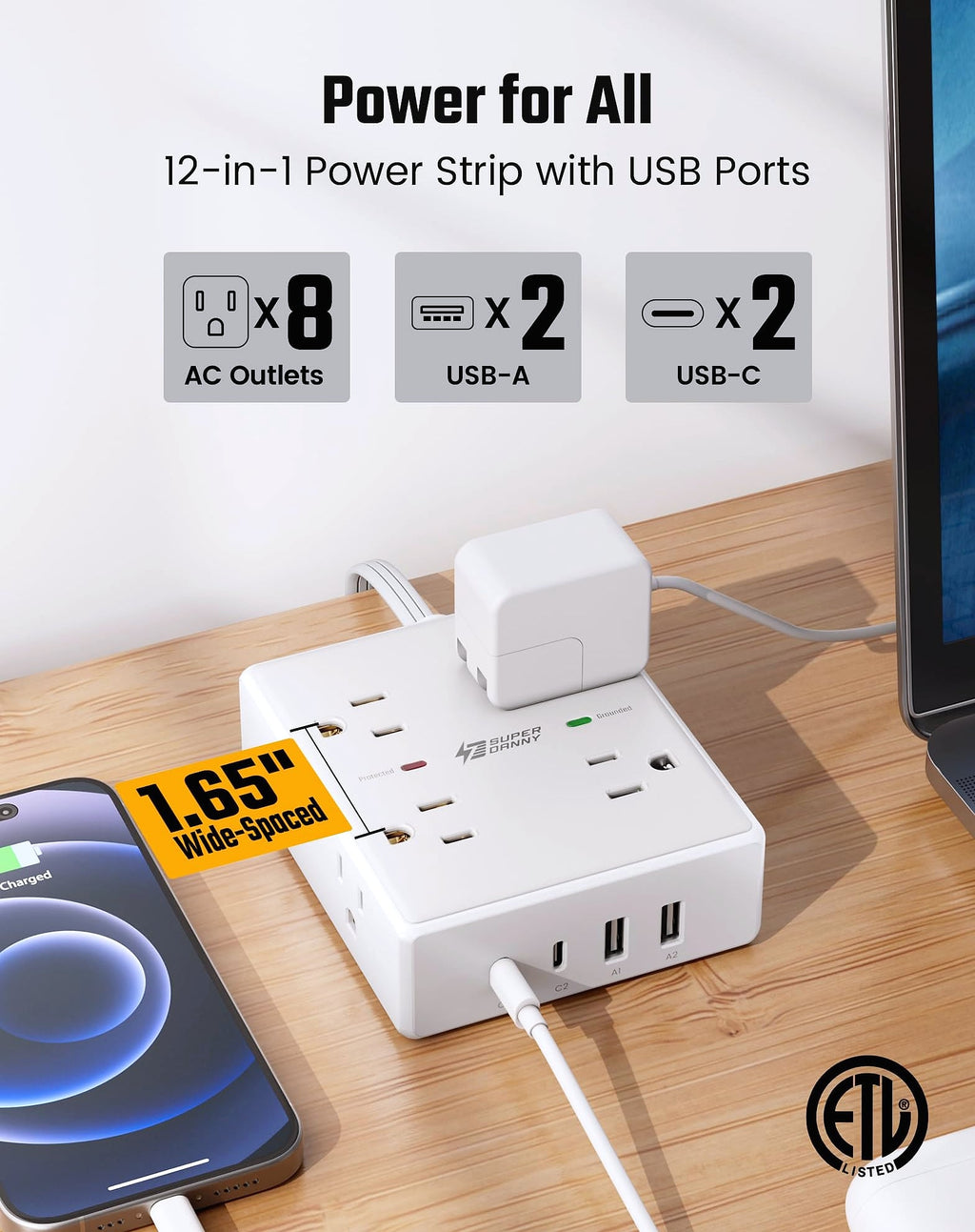 SUPERDANNY 10ft Extension Cord Power Strip, 8 Outlets 4 USB