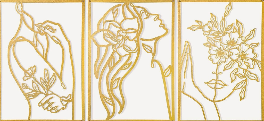 AGIOTA 3 Pcs Gold Wall Art Female Body Line Drawing Metal Decor