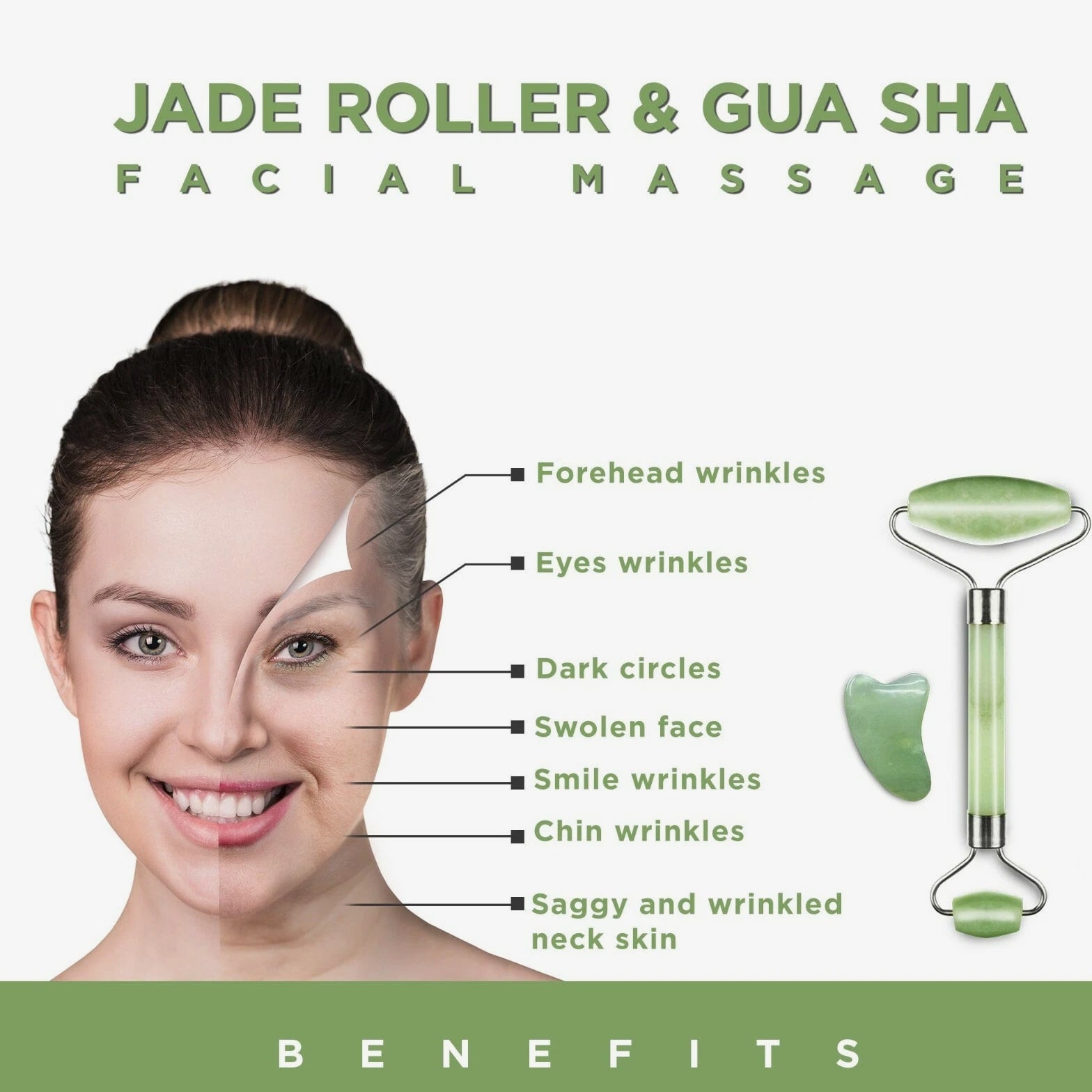 Aventurine Stone Face Roller + Gua Sha – Natural Green Jade Look, Gift Ready