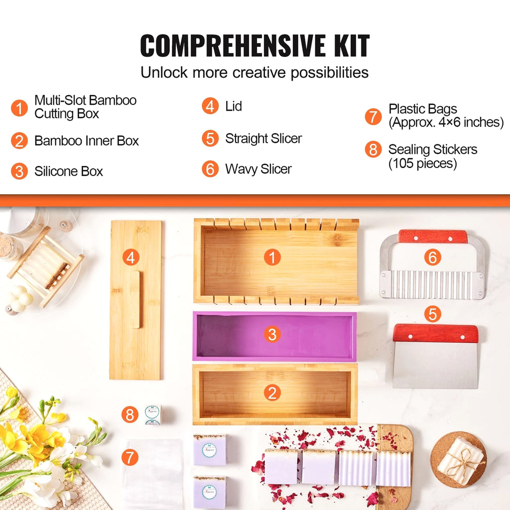 Soap Making Kit with Bamboo Cutting Box, Silicone Mold, Stainless Steel Cutters