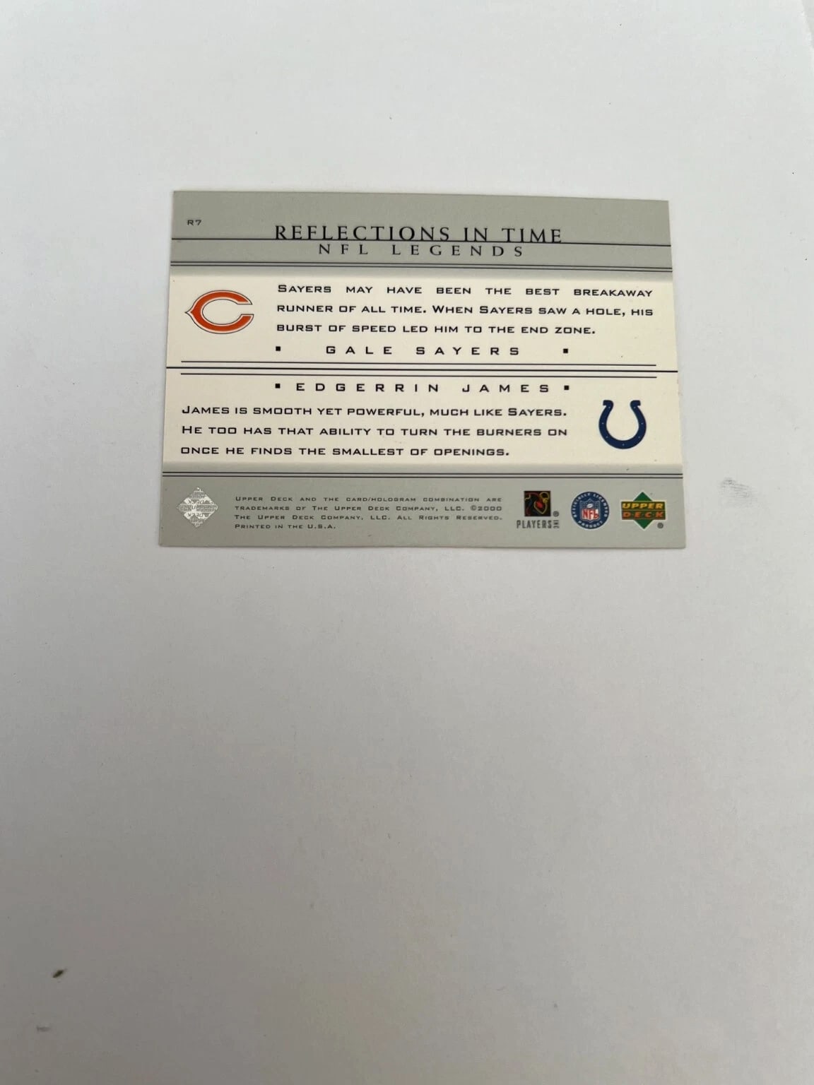 GALE SAYERS EDGERRIN JAMES 2000 UPPER DECK NFL, REFLECTIONS IN TIME INSERT R7