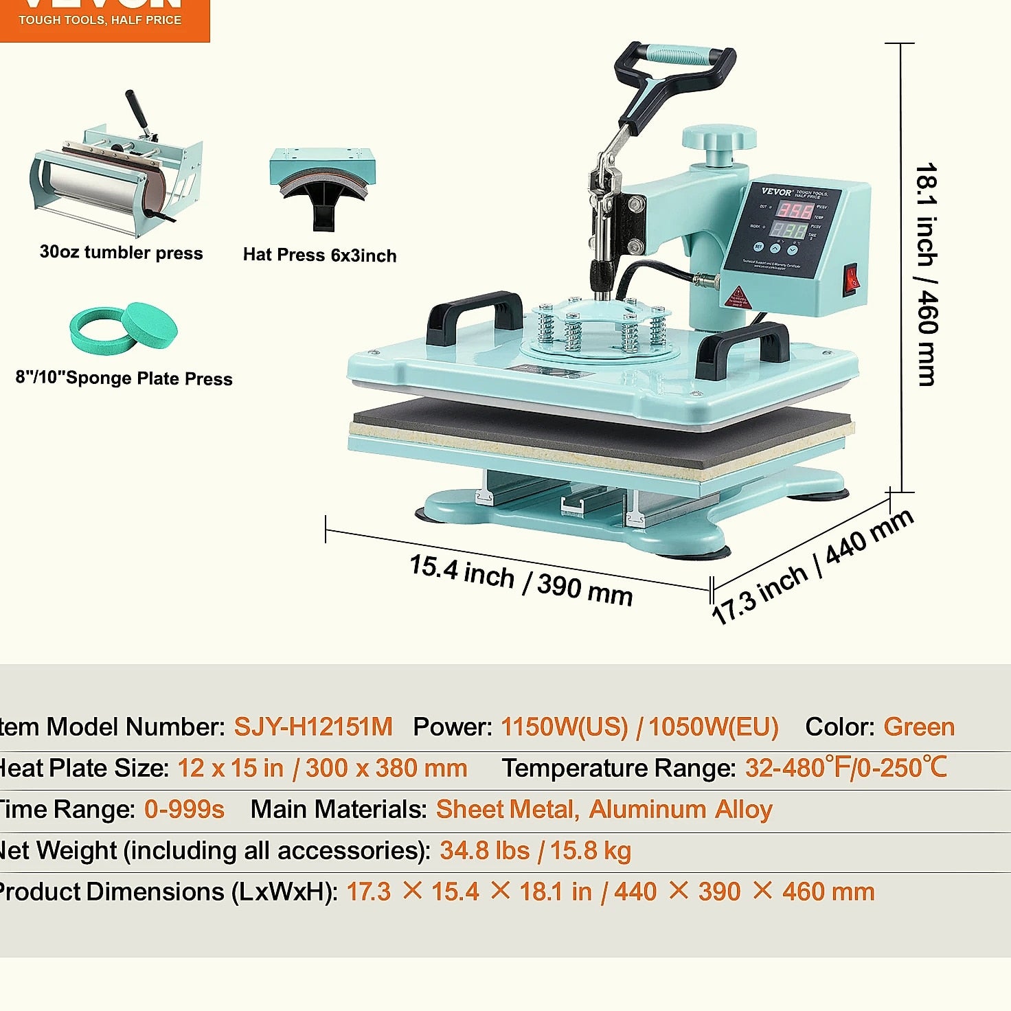 SucceBuy 12 x 15 inch Heat Press Machine with 8 Attachments for Heat Transfer