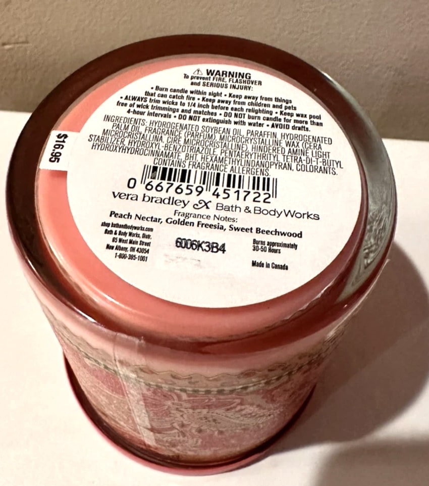 Bath & Body Works Vera Bradley Peach Blossom Nectar Single Wick Candles - 8 oz (3 Pack)