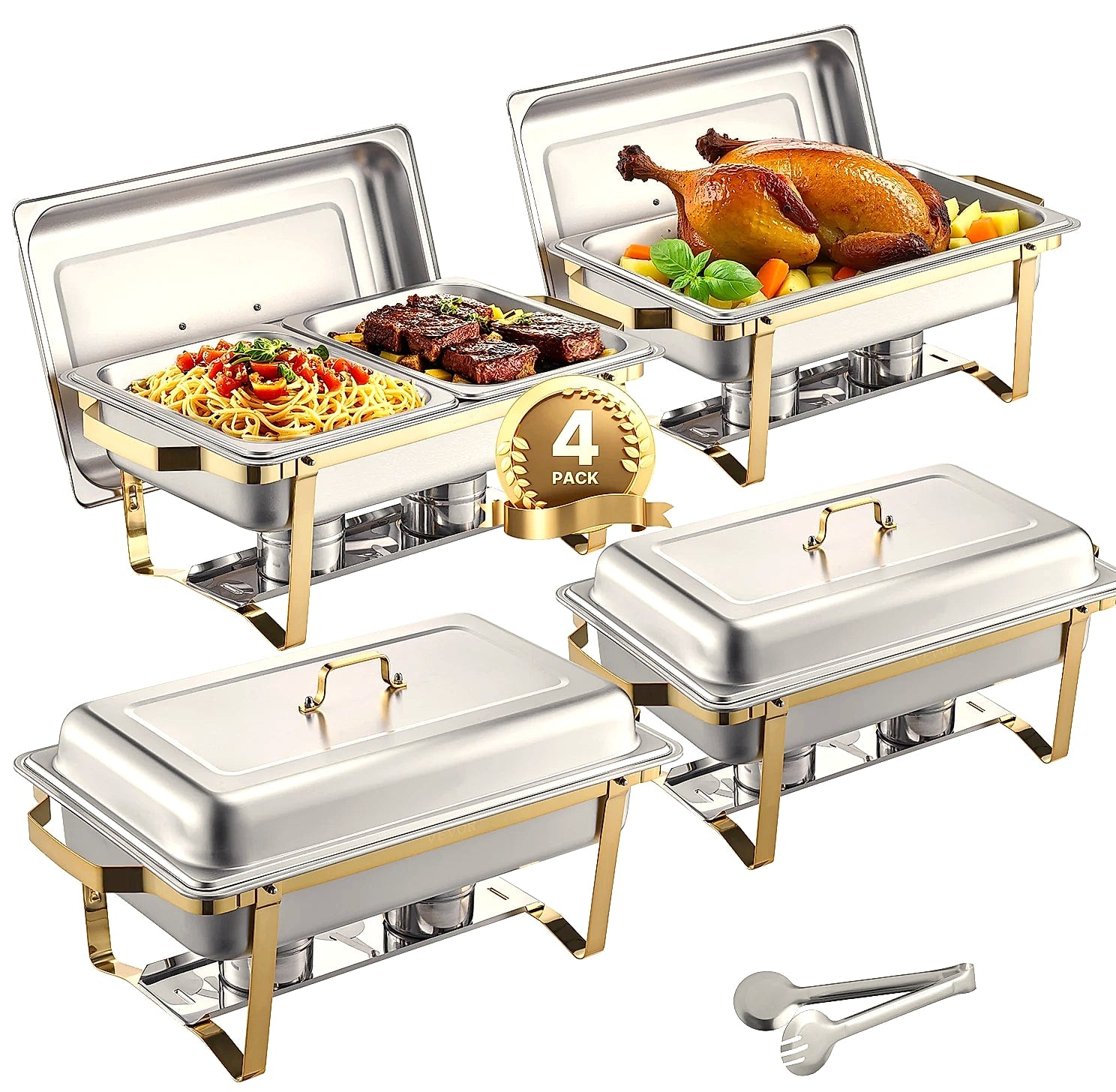 SucceBuy 8 Qt Chafing Dish Set, Stainless Steel Buffet Warmer, 4-Pack