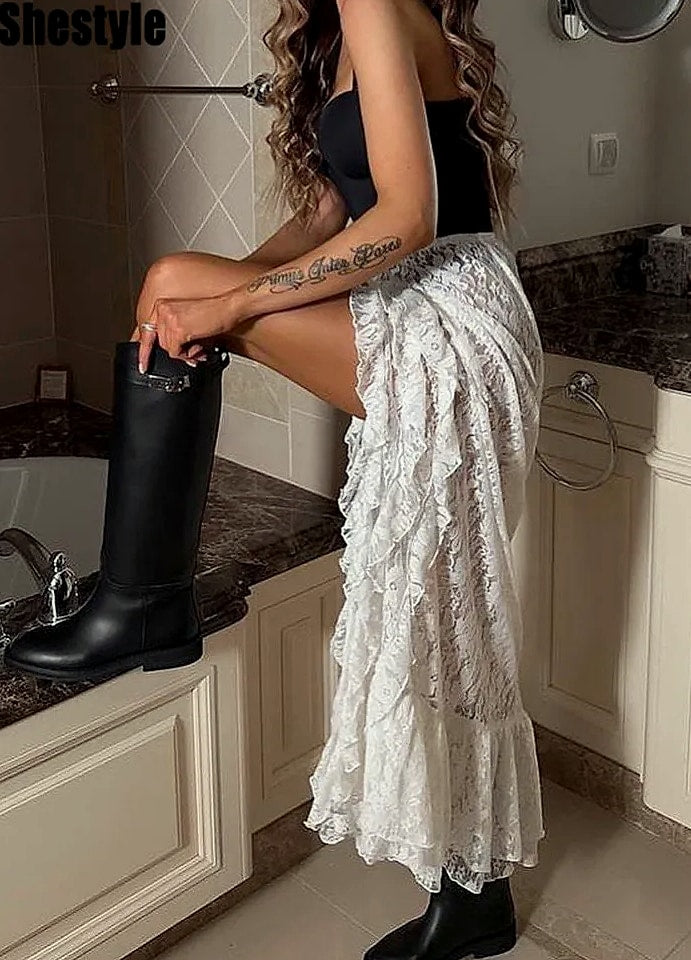 Grosfairy Lace Asymmetrical Skirt with Floral Ruffles
