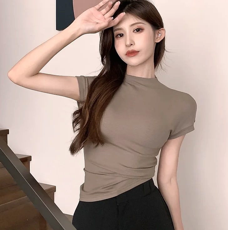 Basic Crop Top Short Sleeve Crewneck T-shirt for Women