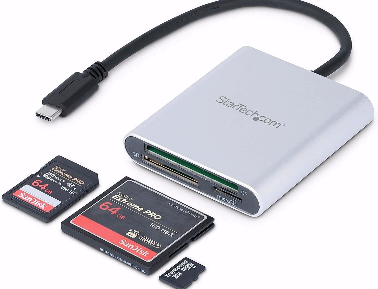 StarTech.com USB 3.0 Flash Memory Multi-Card Reader/Writer with USB-C - SD microSD and CompactFlash Card Reader w/ Integrated USB-C Cable (FCREADU3C)