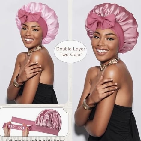 Satin Bonnet Sleep Cap Double Layer Hair Bonnet with Bean Paste + Pink