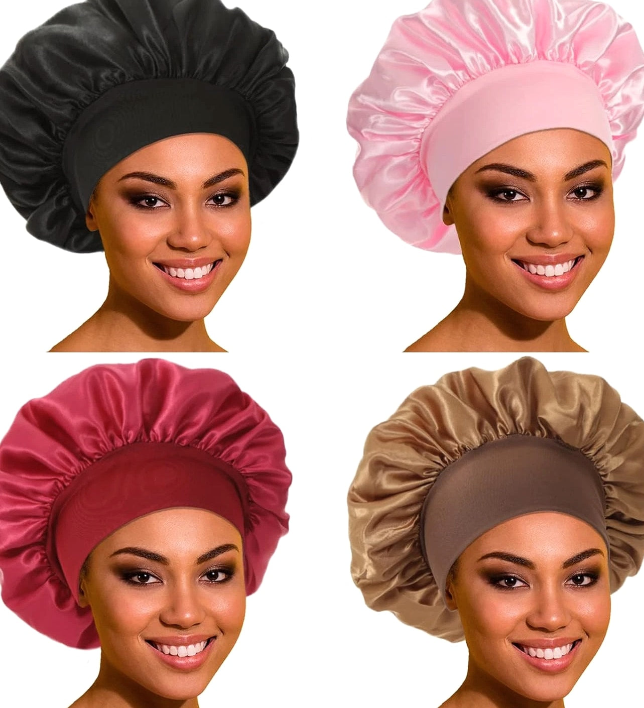 Satin Bonnet Hair Cap for Sleeping- 4 Pack Large Silk Bonnets for Women, Elastic Soft Band
