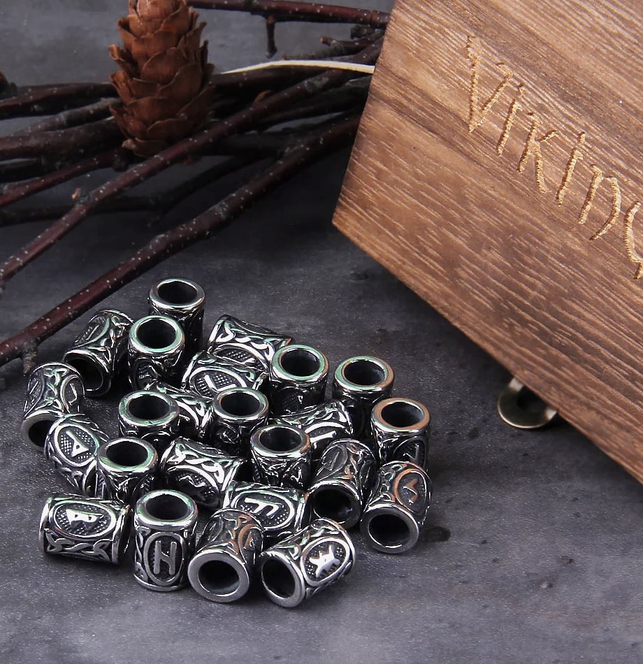 Vikings Jewelry Stainless Steel Rune Beads 24-Piece Set