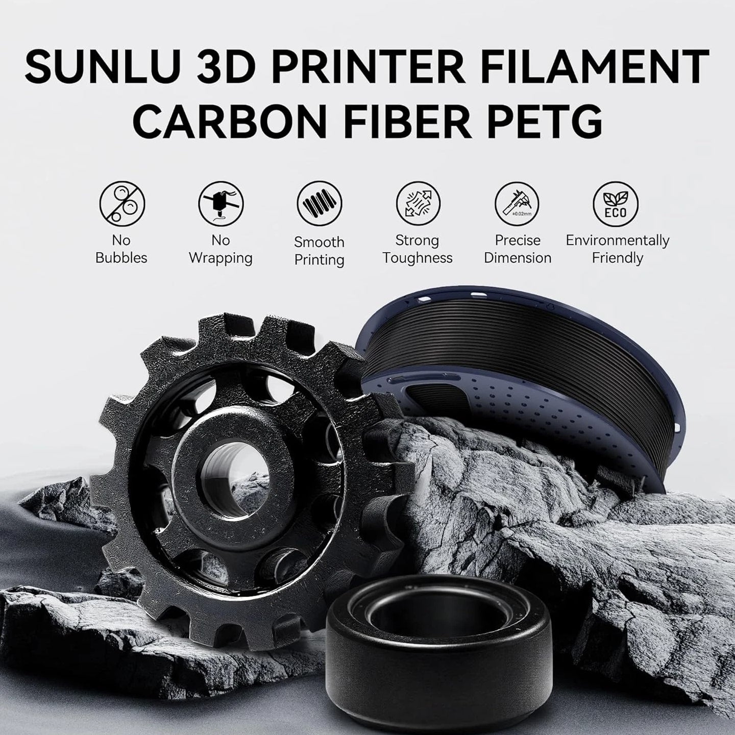 SUNLU 1.75mm PETG Carbon Fiber Filament High Impact Strength 1KG Matte Black