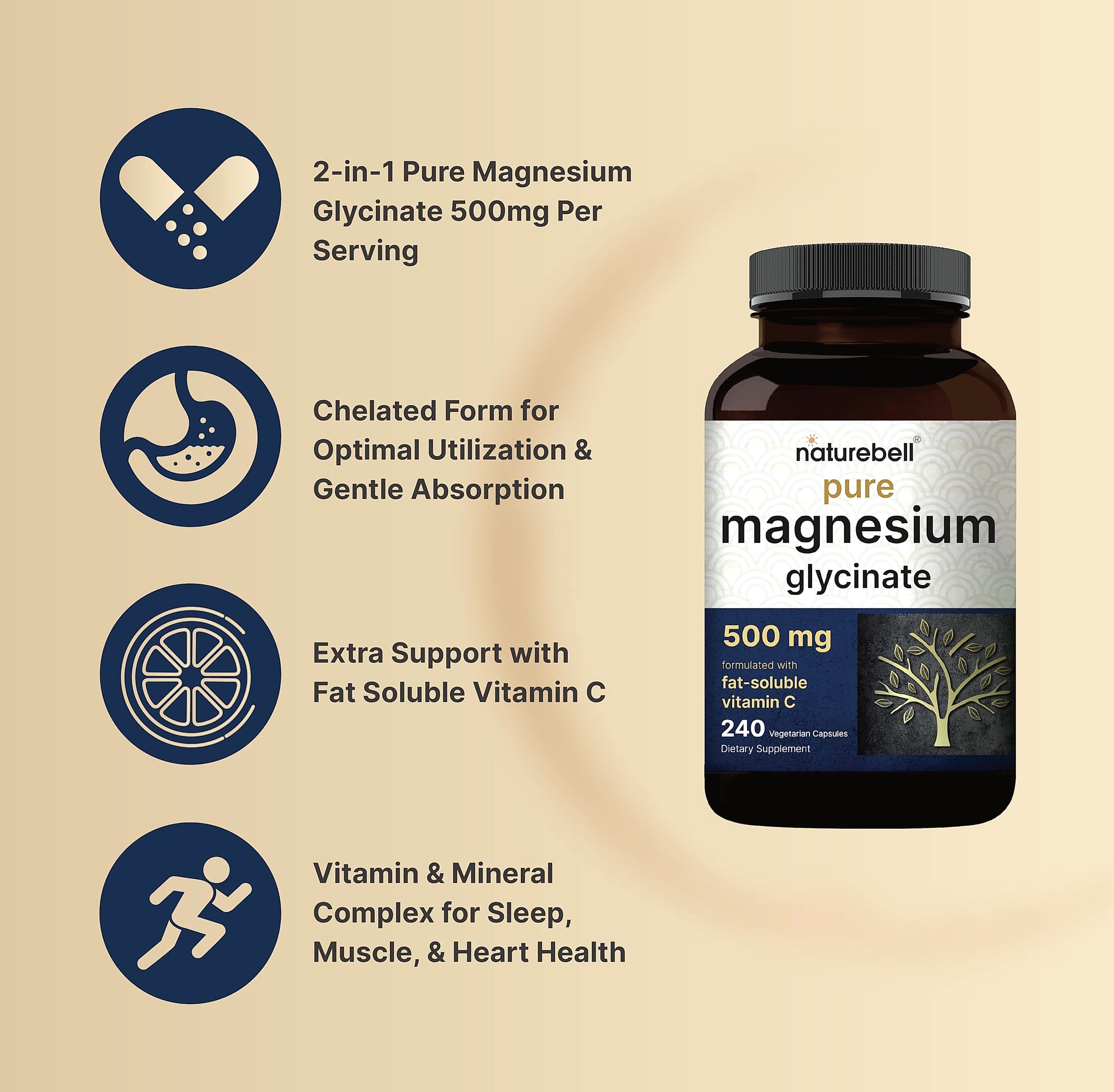 NatureBell Magnesium Glycinate 500mg, 240 Veggie Capsules