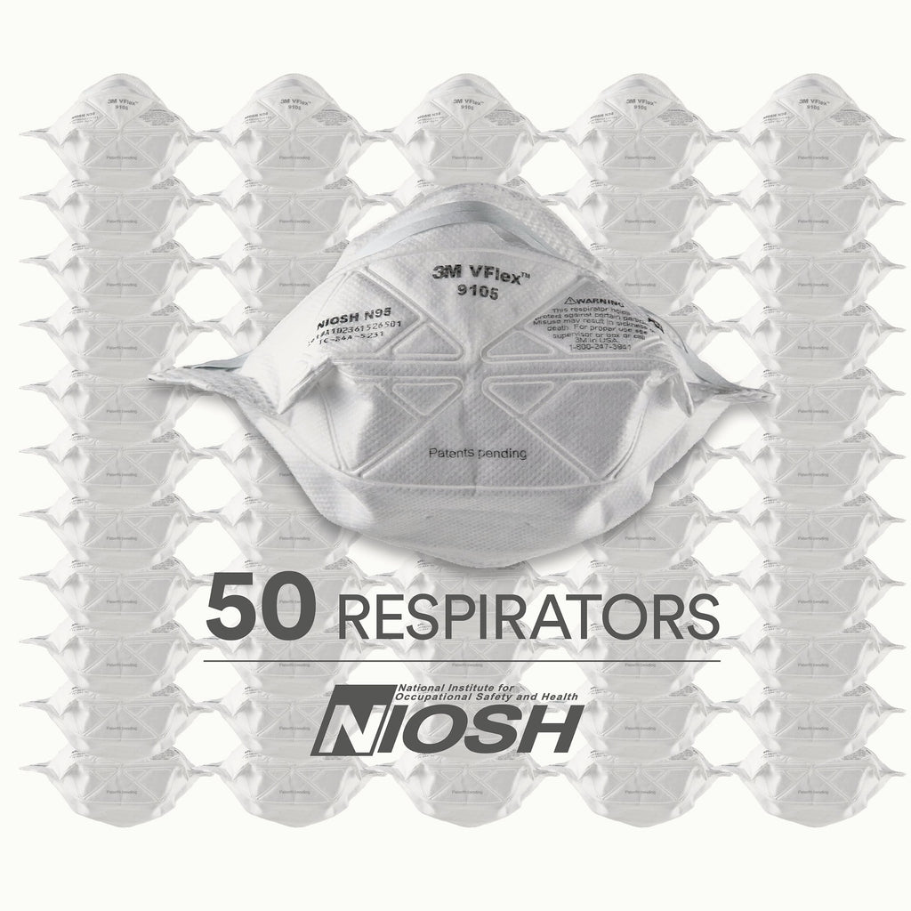 3M N95 Disposable Respirator, VFlex Particulate Respirator 9105, Pack of 50, Standard Size, NIOSH Approved, For Sweeping, Sanding, Grinding, Sawing, Bagging, Dust