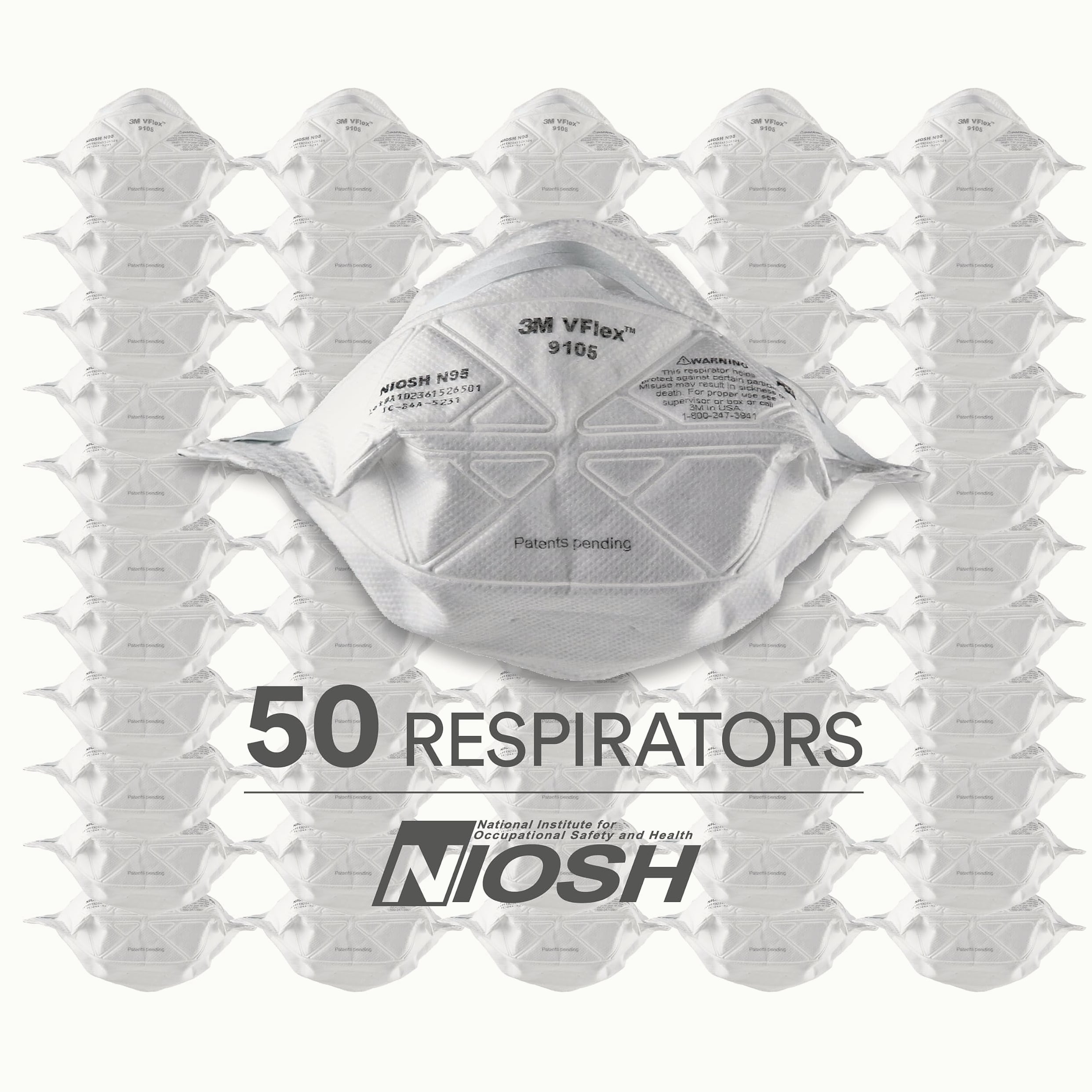3M N95 Disposable Respirator, VFlex Particulate Respirator 9105, Pack of 50, Standard Size, NIOSH Approved, For Sweeping, Sanding, Grinding, Sawing, Bagging, Dust