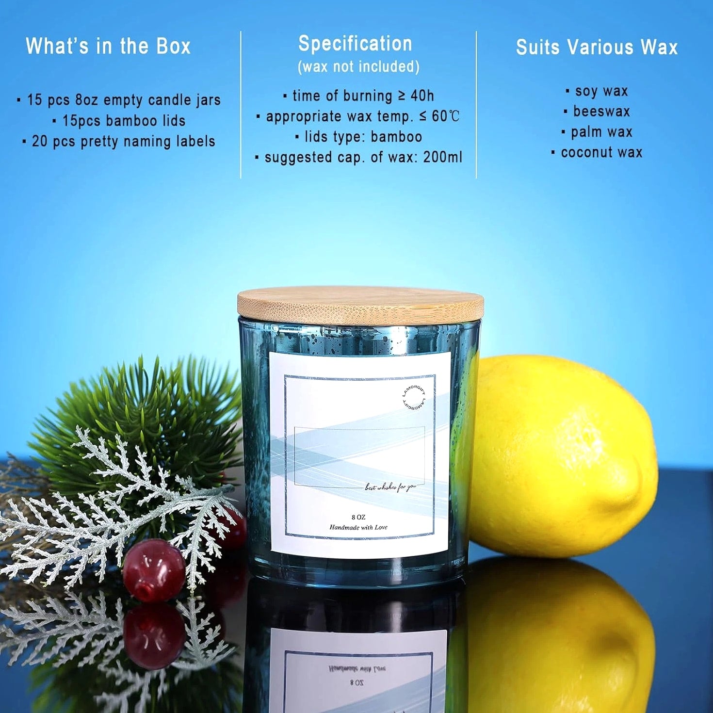 LAMORGIFT 15 Pack Glass Candle Jars with Lids (8Oz, Lake Blue) - Candle Making Containers