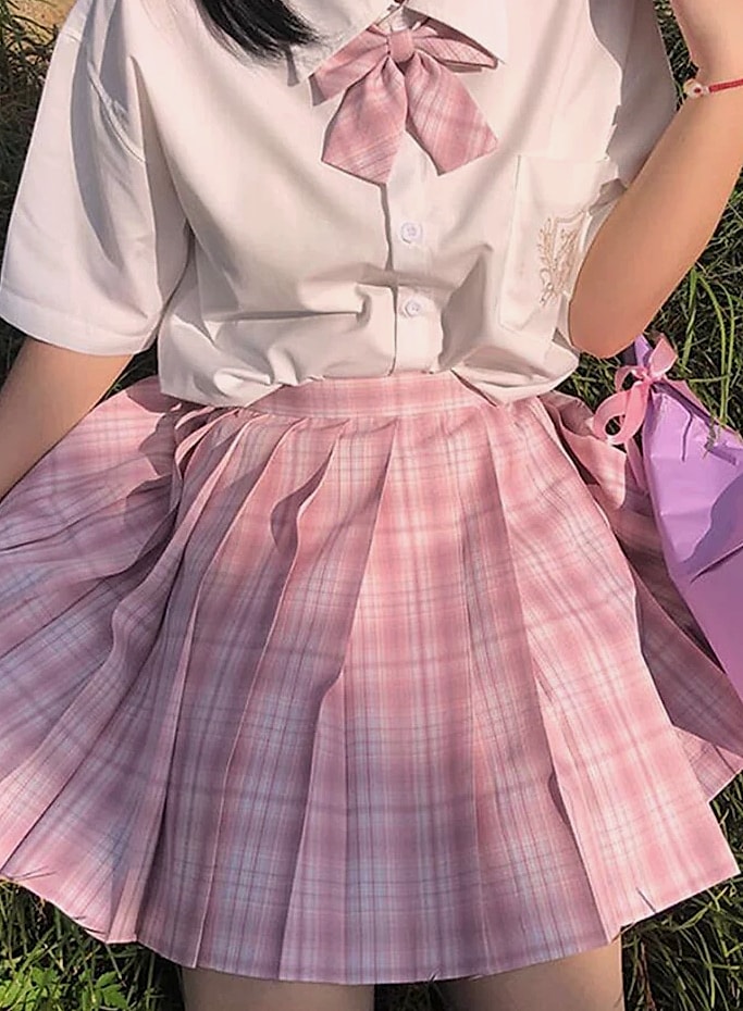 ZOKI Plaid Pleated Mini Skirt High Waist Bow Knot