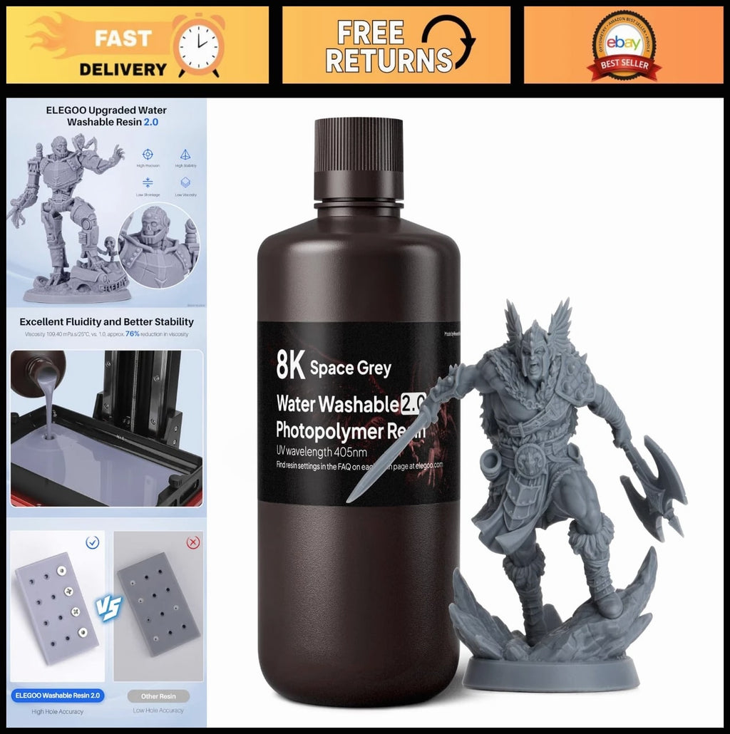 8K Water Washable 3D Printer Resin, Low Viscosity High Precision 405nm UV-Curing