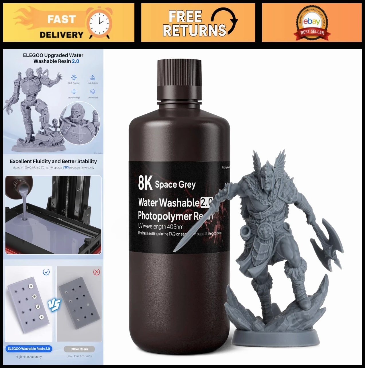 8K Water Washable 3D Printer Resin, Low Viscosity High Precision 405nm UV-Curing