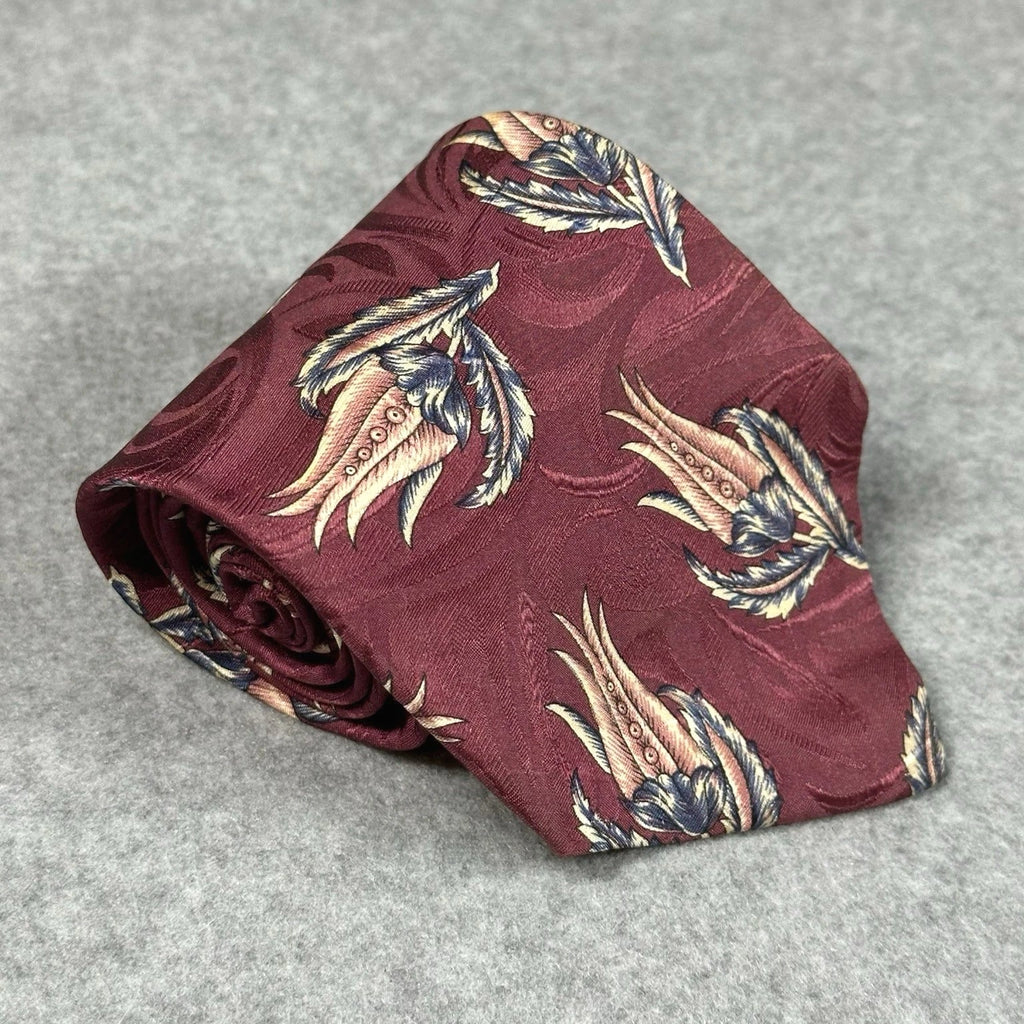 Vintage B Altman Silk Tie, Burgundy Floral Narrow 90s Mens Necktie 58x3.75in